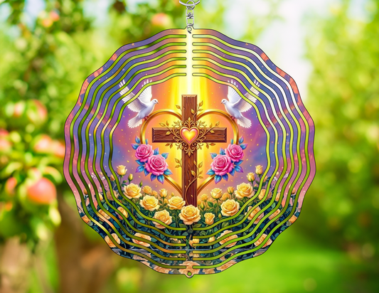 Glowing Cross Heart Doves Wind Spinner | Faith Garden Decor | Christian Gift | Roses & Doves