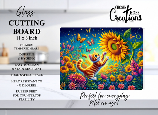 Kitten Sunflower Garden Tempered Glass Cutting Board – 8×11