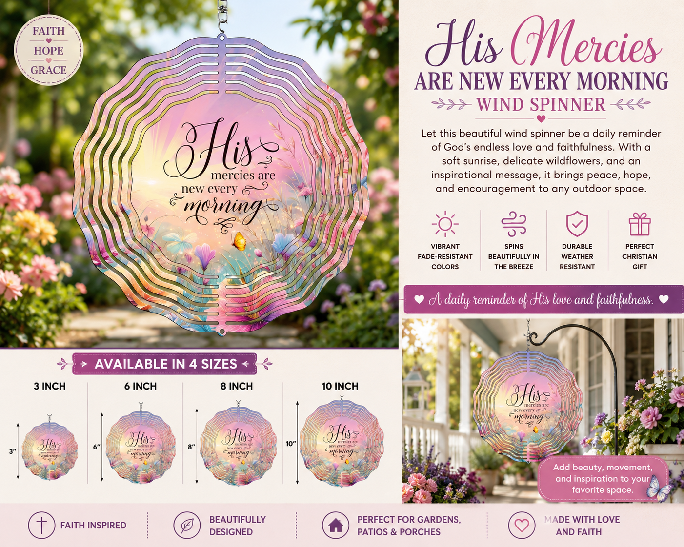 His Mercies Are New Every Morning Wind Spinner | Lamentations 3:23 | Scripture Garden Decor | Faith Gift