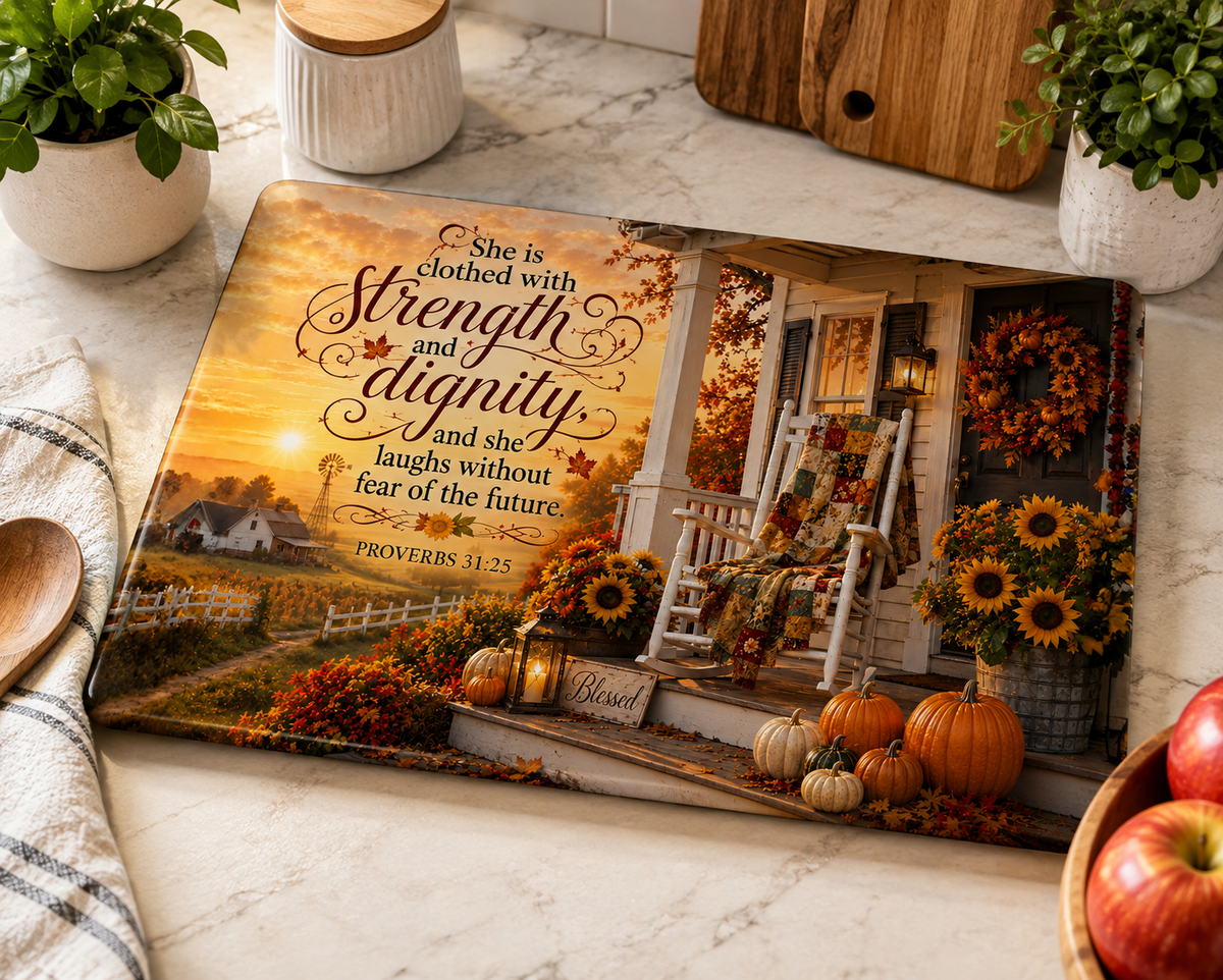 Proverbs 31:25 Autumn Farmhouse Porch Tempered Glass Cutting Board | 11" x 8" | Christian Kitchen Décor Gift