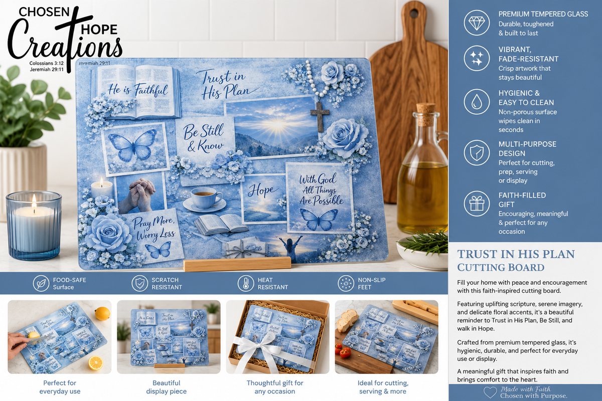 Faith & Flowers Glass Cutting Board | Scripture Quote Collage