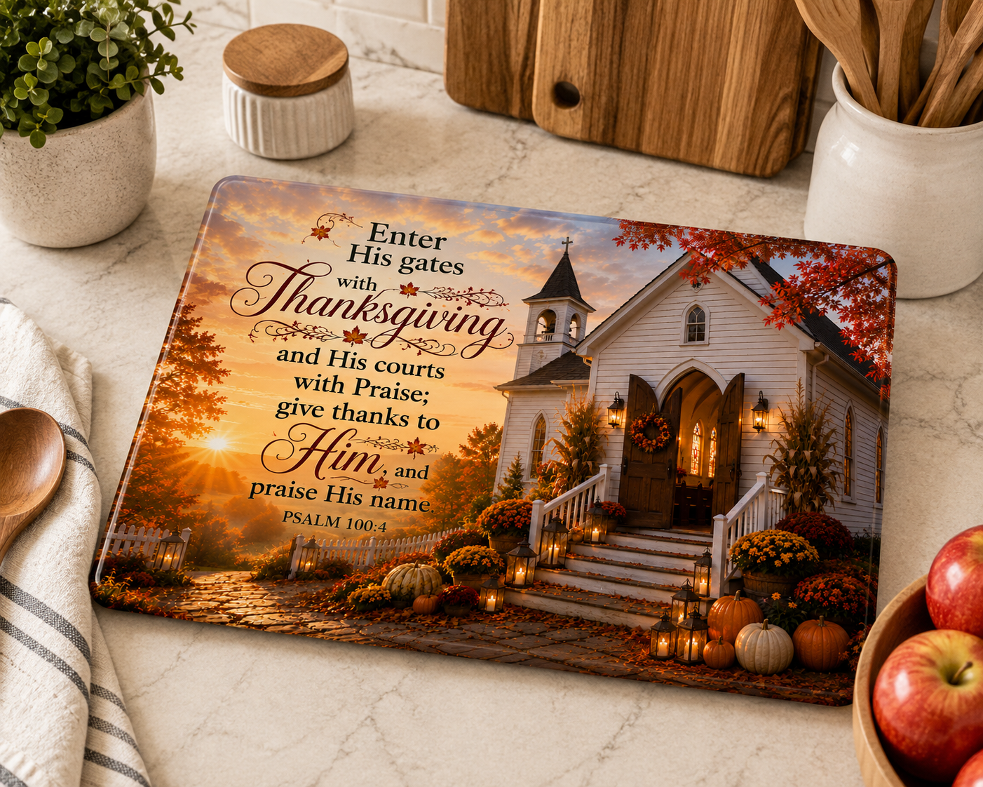 Psalm 100:4 Thanksgiving Church Tempered Glass Cutting Board | 11" x 8" | Christian Fall Kitchen Décor Gift