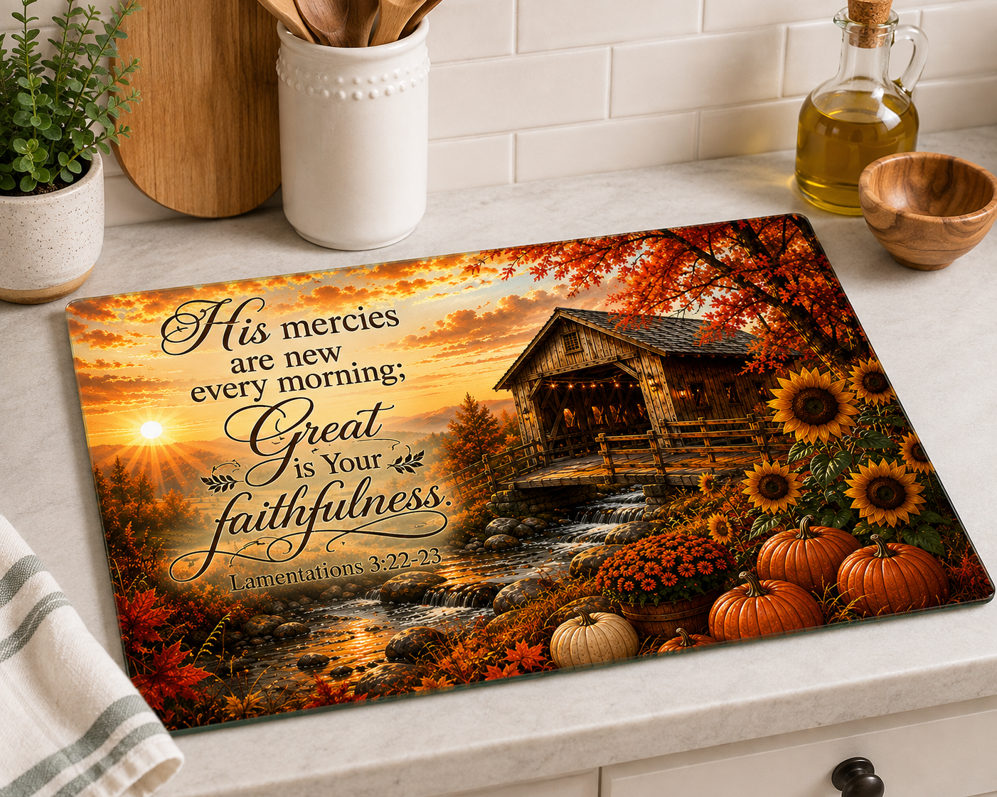 Lamentations 3:22–23 Covered Bridge Tempered Glass Cutting Board | Christian Kitchen Décor | Autumn Scripture Gift