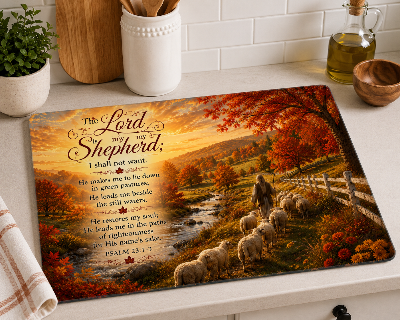 Psalm 23:1–3 Shepherd's Peace Tempered Glass Cutting Board | Christian Kitchen Décor | Inspirational Scripture Gift