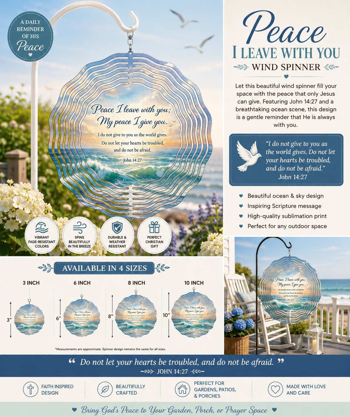Peace I Leave With You Wind Spinner | John 14:27 | Scripture Garden Decor | Christian Gift