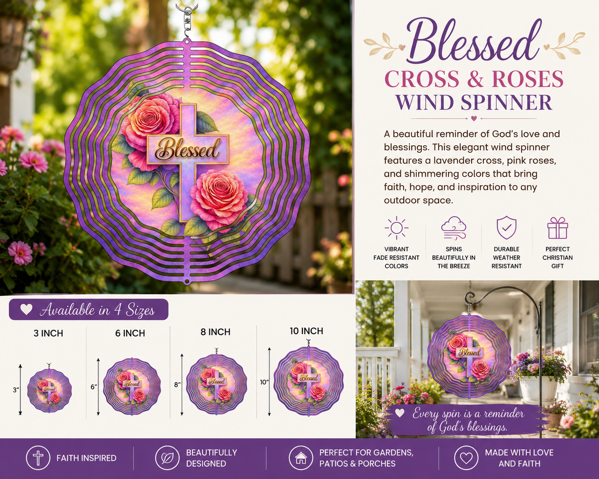 Blessed Rose Cross Wind Spinner | Faith Garden Decor | Christian Gift | Purple & Pink Floral