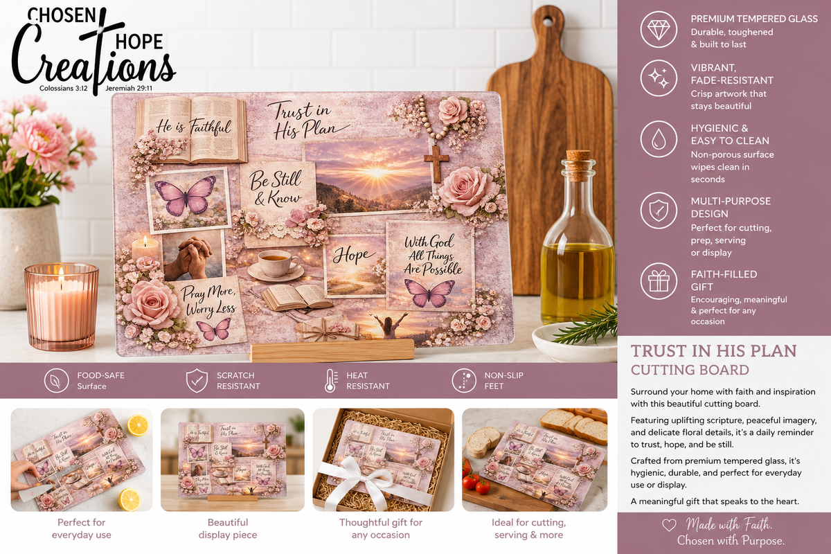 Faith & Flowers Glass Cutting Board | Scripture Quote Collage