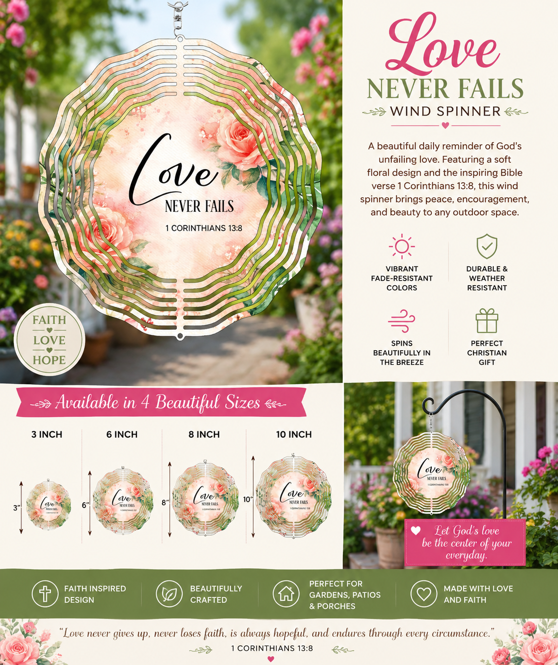 Love Never Fails Wind Spinner | 1 Corinthians 13:8 | Scripture Garden Decor | Wedding & Anniversary Gift