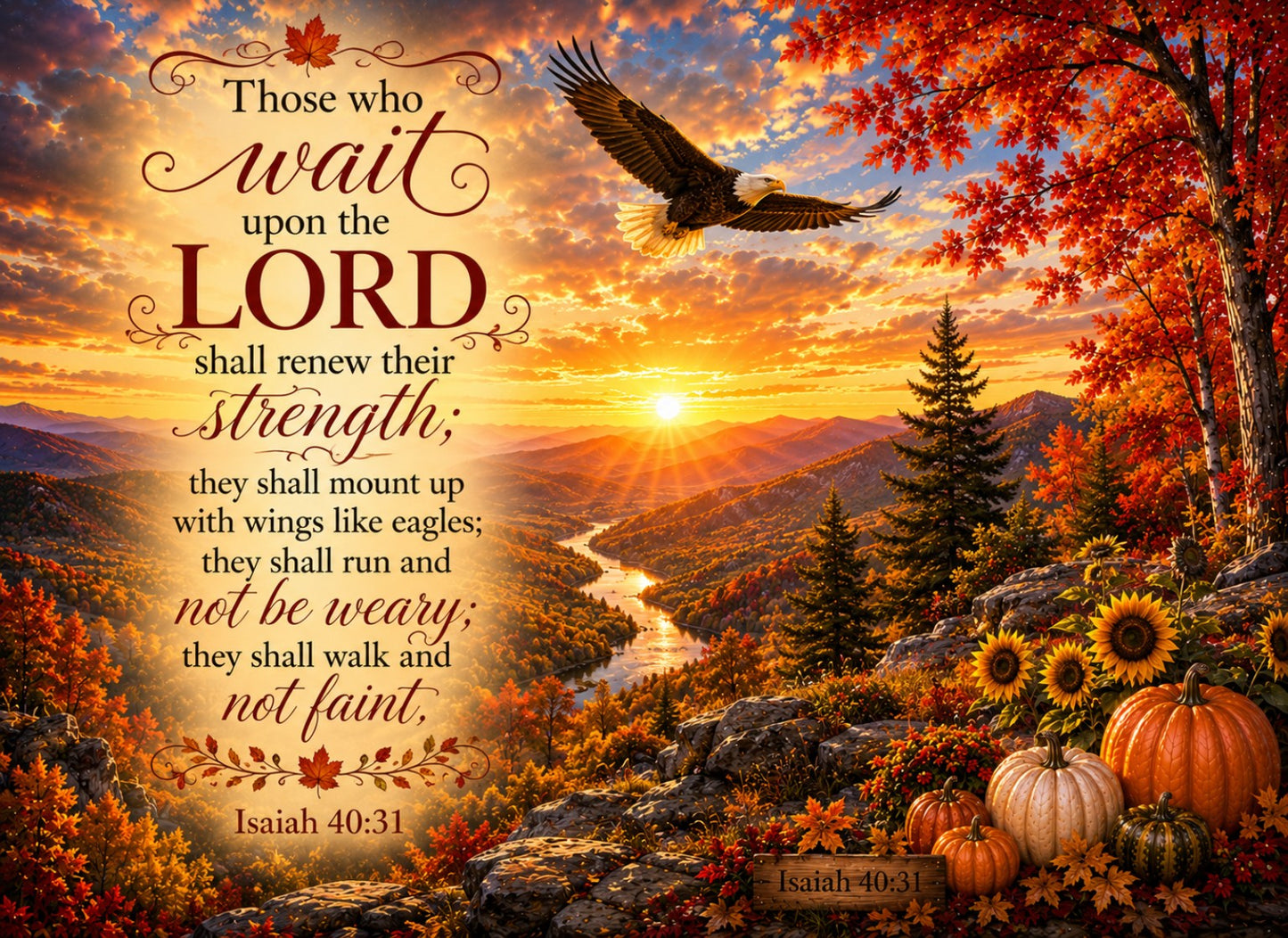 A scenic autumn landscape print with a river winding through mountains at sunset, red and orange foliage, an eagle in flight, and pumpkins and sunflowers in the foreground. Large decorative text on the left reads, 'Those who wait upon the LORD shall renew their strength; they shall mount up like eagles, they shall run and not be weary; they shall walk and not faint.