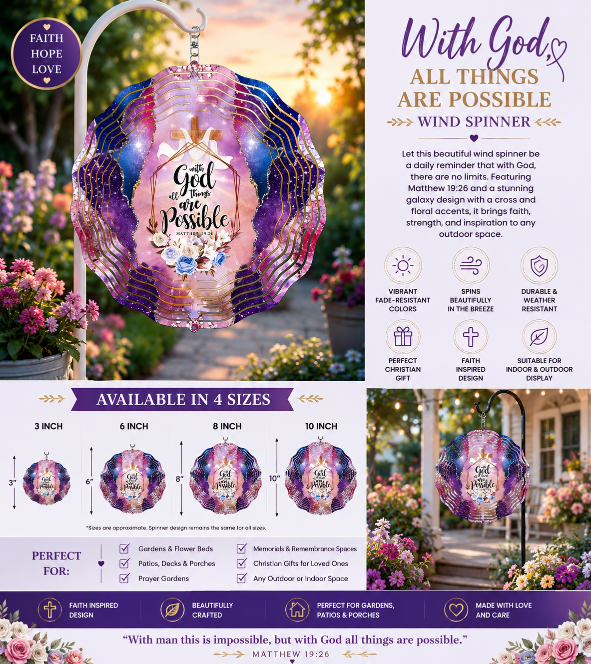 With God All Things Are Possible Wind Spinner | Matthew 19:26 | Faith Garden Decor | Scripture Gift