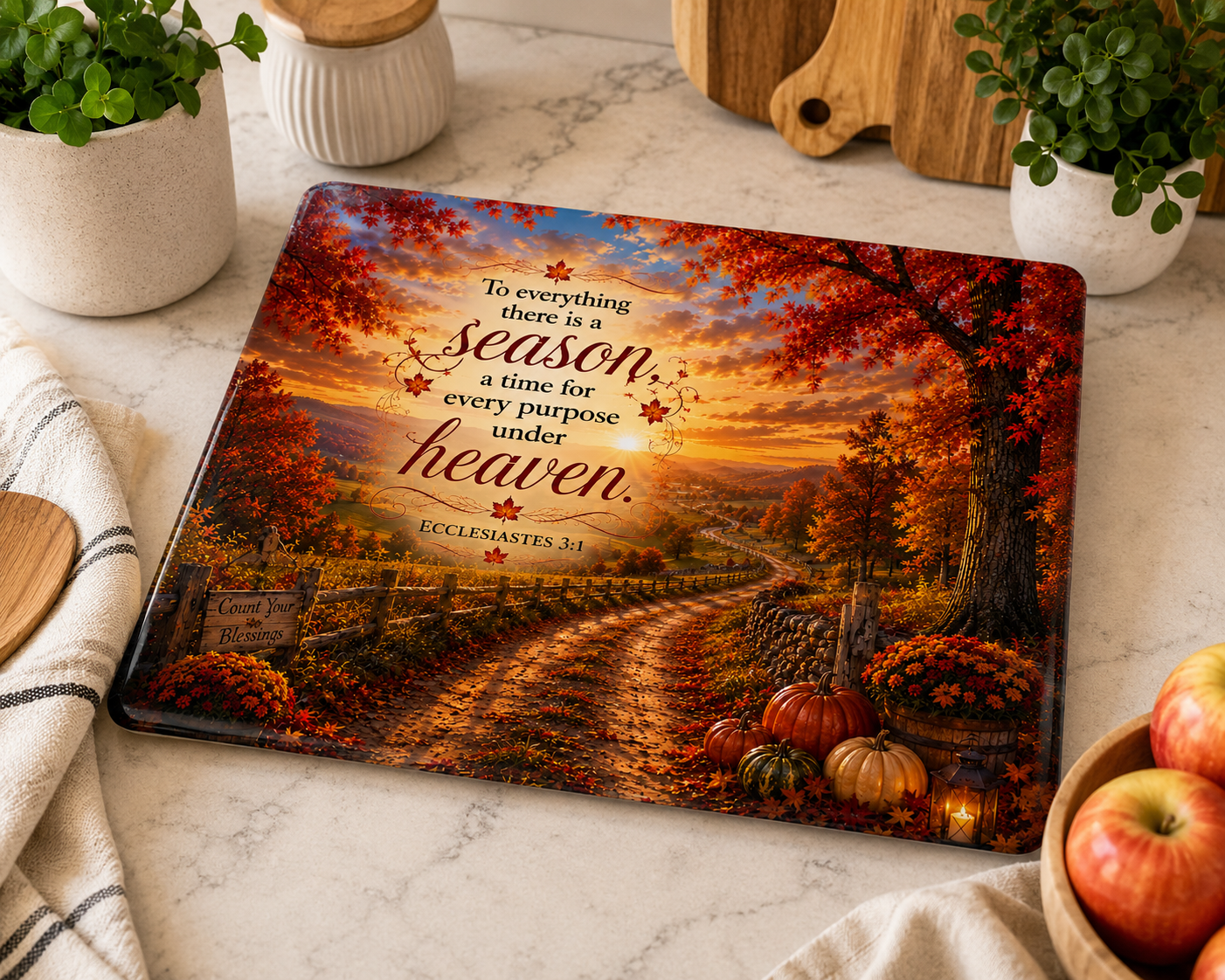 Ecclesiastes 3:1 Autumn Country Road Tempered Glass Cutting Board | 11" x 8" | Christian Kitchen Décor Gift