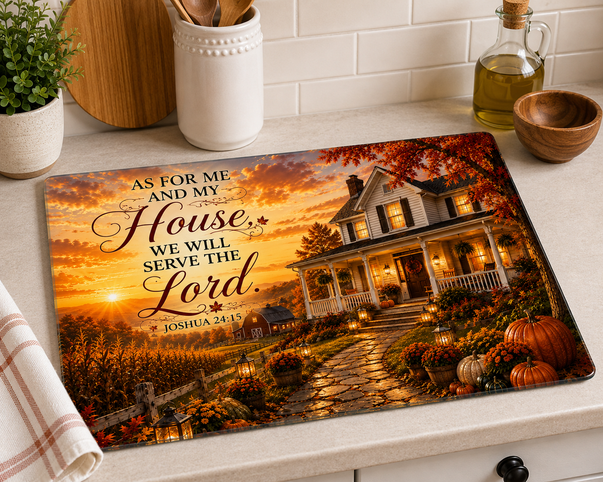 Joshua 24:15 Farmhouse Tempered Glass Cutting Board | Christian Kitchen Décor | Autumn Scripture Gift