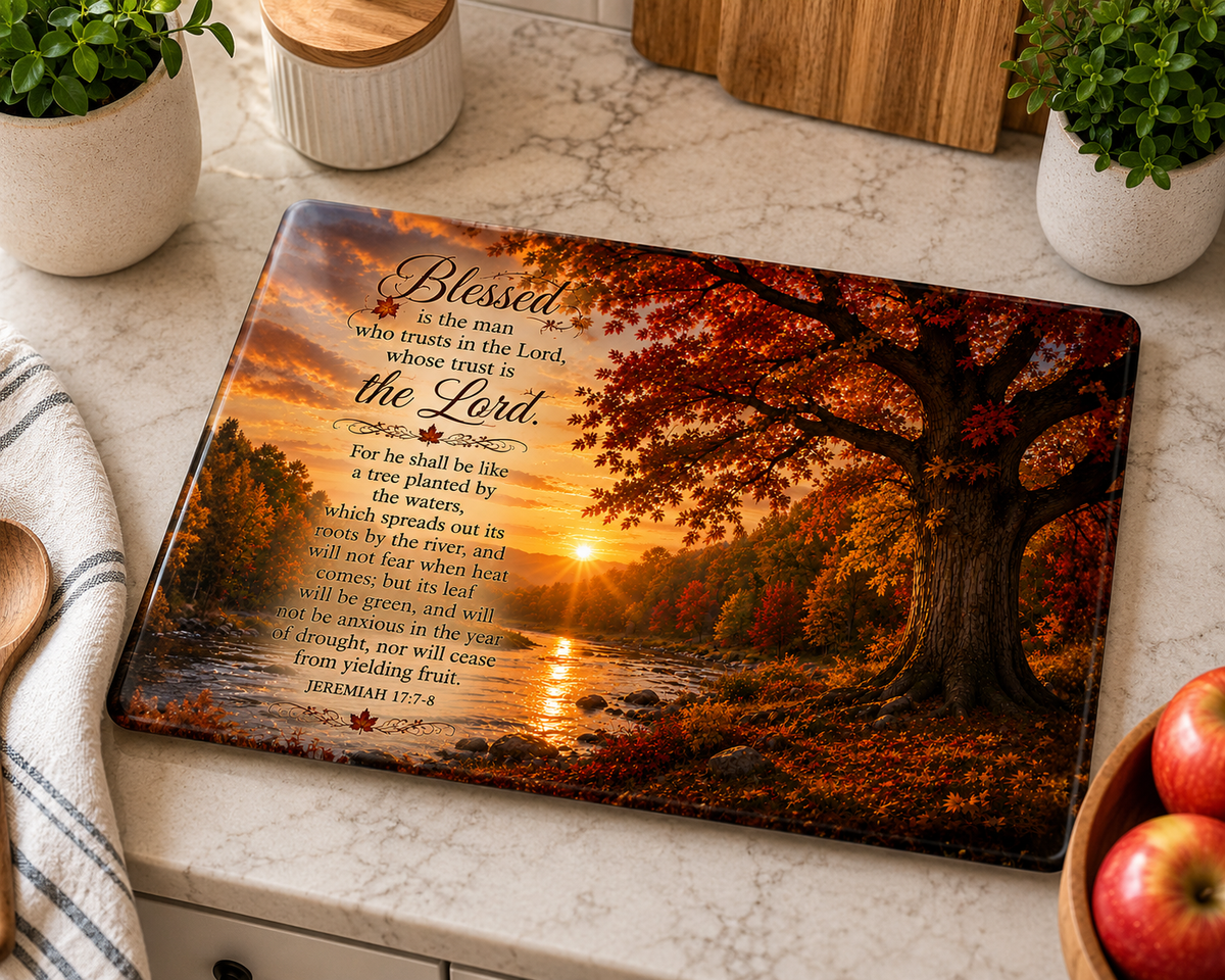 Jeremiah 17:7–8 Autumn Tree Tempered Glass Cutting Board | 11" x 8" | Christian Kitchen Décor Gift