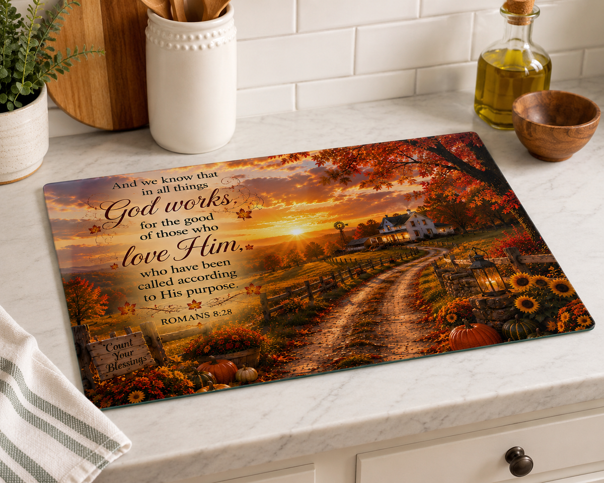 Romans 8:28 Autumn Farmhouse Tempered Glass Cutting Board | 11" x 8" | Christian Fall Kitchen Décor Gift