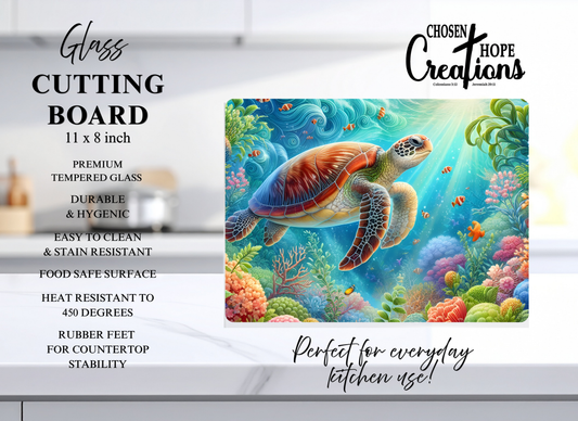 Sea Turtle Coral Reef Tempered Glass Cutting Board – 8×11